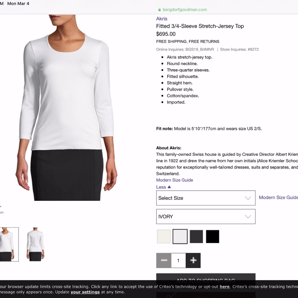 Bergdorf Goodman Ivory Seamless 3/4 Sleeve Shirt